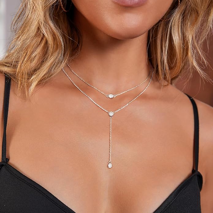 Gold Necklace for Women Trendy Lariat Y Necklace Dainty 14k Gold Plated/Silver Long Necklaces for Women Layered Beaded Drop Necklaces Simple Y-Shaped Chain Jewelry Gifts