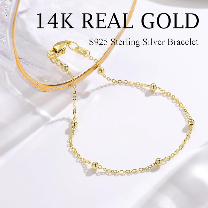 IEFWELL S925 Sterling Silver Bracelet for Women - Solid 14K-Real-Gold-Plated Satellite Bead Chain Bracelet, 6.5/7/7.5/8/8.5/9 Inches Sterling Silver Chain Bracelets, Jewelry Gifts for Women