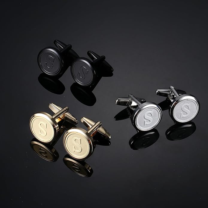 LOLIAS 3 Pairs Initial Cufflinks For Men Classic Mens CuffLinks Set Letter Cuff Links for Casual to Formal with Gift Box Silver Black 14K gold plated Cufflinks for Father Husband