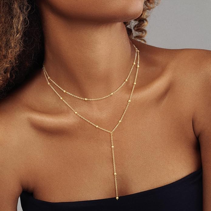 Lariat Gold Necklaces for Women Trendy Dainty Long Necklace 14k Gold Plated/Silver Layered Drop Beaded Chain Necklaces Y-shaped Pendant Necklace Simple Gold Jewelry Gifts