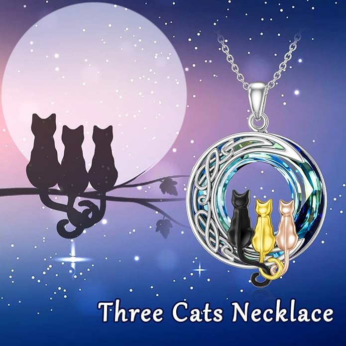 TOUPOP Christmas Cat Gifts for Cats Lovers One Two Three Four Cats Necklace Sterling Silver Cats on the Moon Pendant Necklace with Blue Circle Crystal Birthday Christmas Celtic Jewelry Gifts for Women