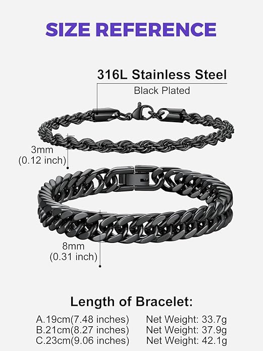 Richsteel 2PCS/3PCS Bracelets Chain for Men Women Stainless Steel Silver/Gold/Black Cuban/Rope Link Chain Bracelets Set, 7.4/8.2/9 Inch Hand Chain Length for Men Women Jewelry