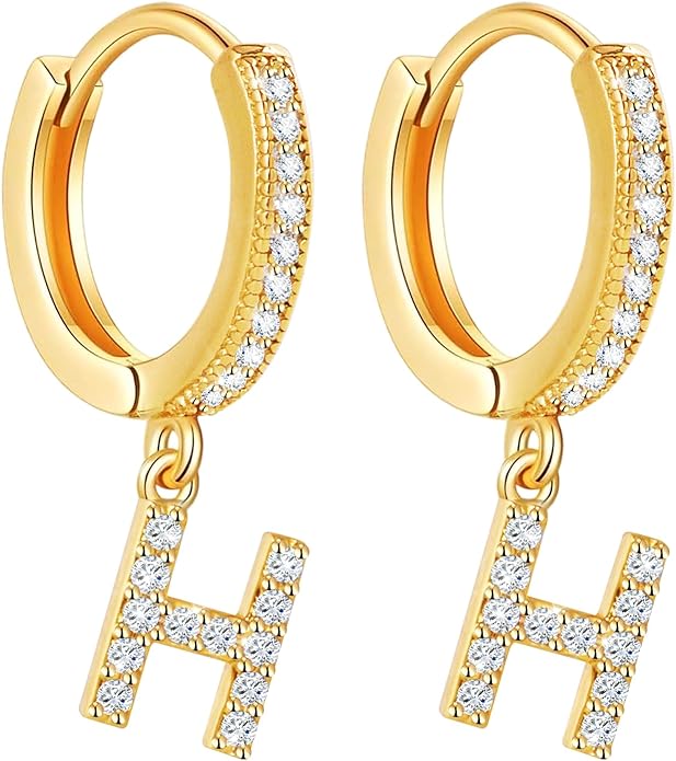 18K Gold Filled Initial Dangle Hoop Earrings for Women, 1 Pair CZ Hypoallergenic Alphabet Letter A-Z Drop Dangle Dainty Gold Earrings, Small Huggie Hoop Earrings with Cubic Zirconia Gifts Jewelry