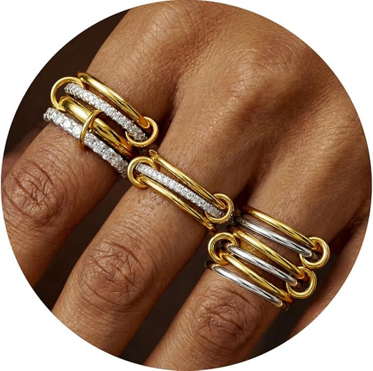 ACLOKOO 4 Pack Interlocked Stackable Rings for Women - 14K Gold Plated Statement 4 Mixed Metals Multi Ring Stack - Cubic Zirconia Two-Toned Connected Bands Stacking Jewelry
