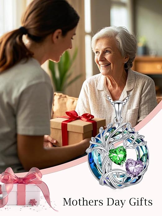 TOUPOP s925 Sterling Silver Family Celtic Tree of Life Pendant Necklaces with 2 Heart Birthstone with Blue Austrian Crystal Jewelry Birthday Anniversary Christmas Gifts for Her Wife Girlfriend Mom (18K Real White Gold Filled)