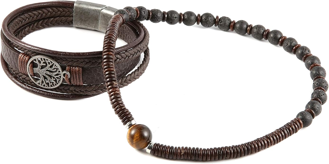HZMAN Genuine Leather Tree of life Bracelets Men Women, Tiger Eye Natural Stone Lava Rock Beads Ethnic Tribal Elastic Bracelets Wristbands