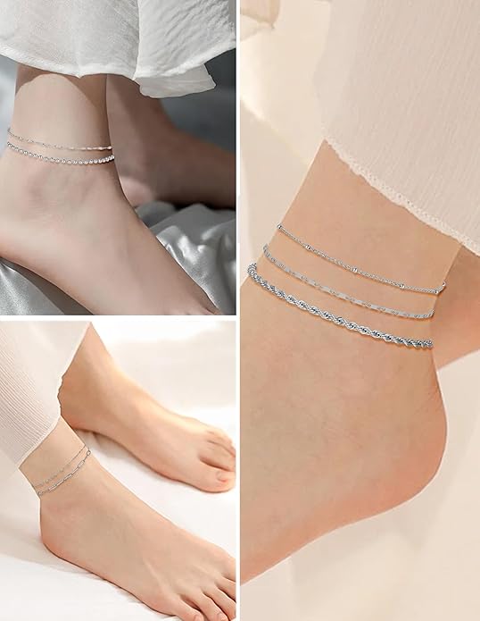6PCS 18k Gold Plated Stainless Steel Ankle Bracelets for Women Waterproof Layered Herringbone Figaro Bead Paperclip Rope Tennis Box Cuban Link Rolo Satellite Chain Anklets Set Gold Tone