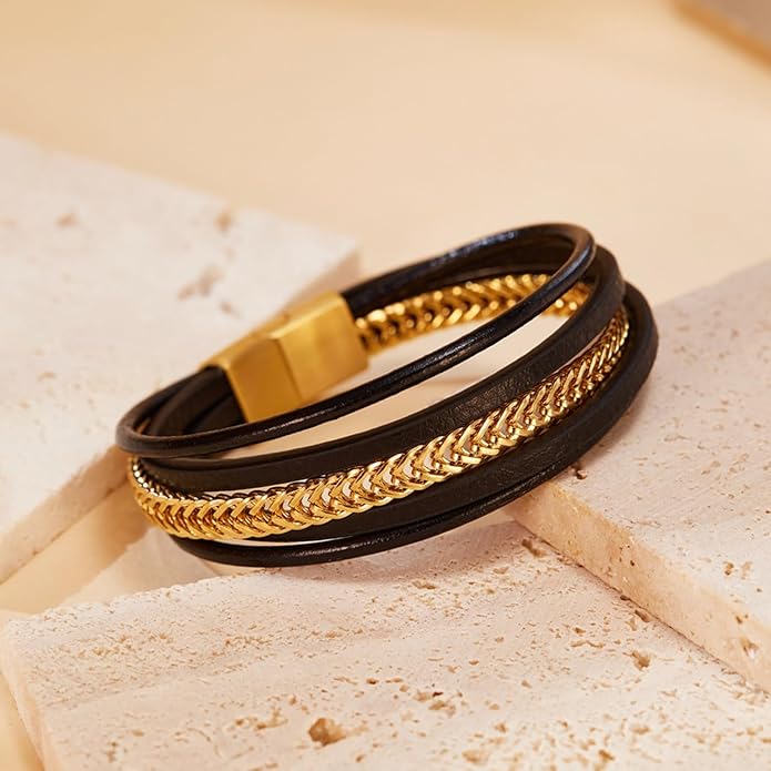 Italian Handmade Genuine Leather Bracelets for Men Stainless Steel Clip, Men's Casual Genuine Multi-layer Cuff Bracelet, Bracelet Gift for Real Men