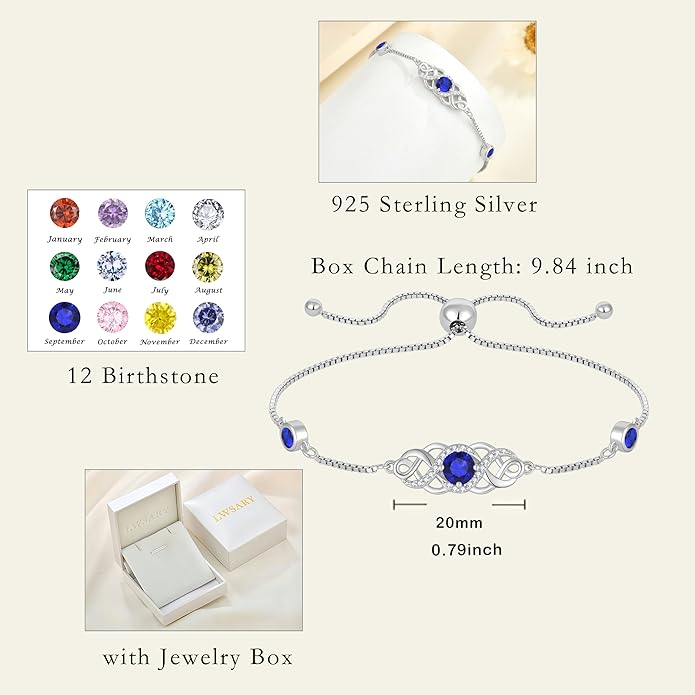 Infinity Celtic Knot Bracelet 925 Sterling Silver Birthstone Bracelet Irish Jewelry for Women