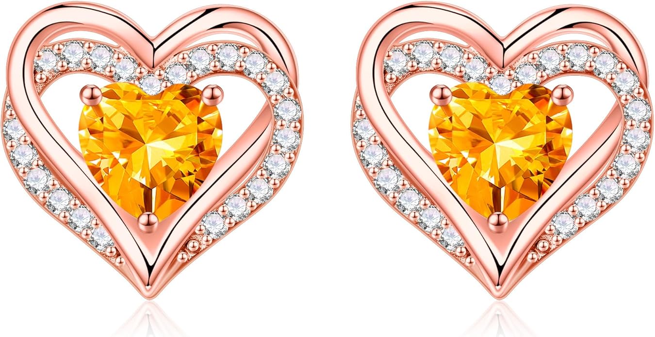 Iefil Birthstone Earrings for Women, 925 Sterling Silver Heart Stud Earrings Birthday Gifts for Women