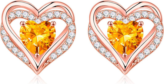 Iefil Birthstone Earrings for Women, 925 Sterling Silver Heart Stud Earrings Birthday Gifts for Women