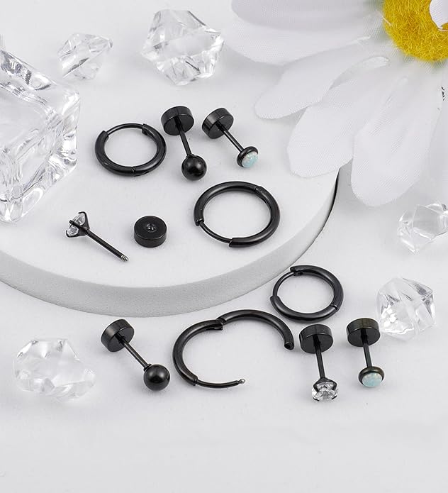 MJust Titanium Earrings for Sensitive Ears 20G Hypoallergenic Stud Hoop Earrings for Women Men Opal Ball CZ Heart Pearl Flat Back Earrings Cartilage Earrings Set