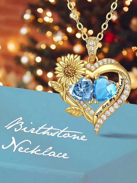 Sunflower Heart Necklace for Women 14K Gold Exquisite Anniversary Birthday Gifts for Wife Mother Her Double Birthstone Pendant jewelry‘You Are My Sunshine’