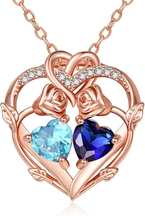 Rose Gold Necklaces for Women Double Birthstone Rose Flower Heart Pendant Necklace Jewelry Anniversary Christmas Valentine's Mother's Day Birthday Gift for Wife Mom Her Girlfriend Sister