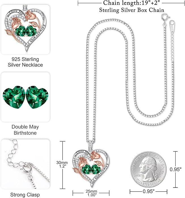 Iefil Birthstone Necklace for Women - 925 Sterling Silver Rose Heart Birthstone Necklace Birthday Anniversary Jewelry Gifts for Her Wife Mom Daughter