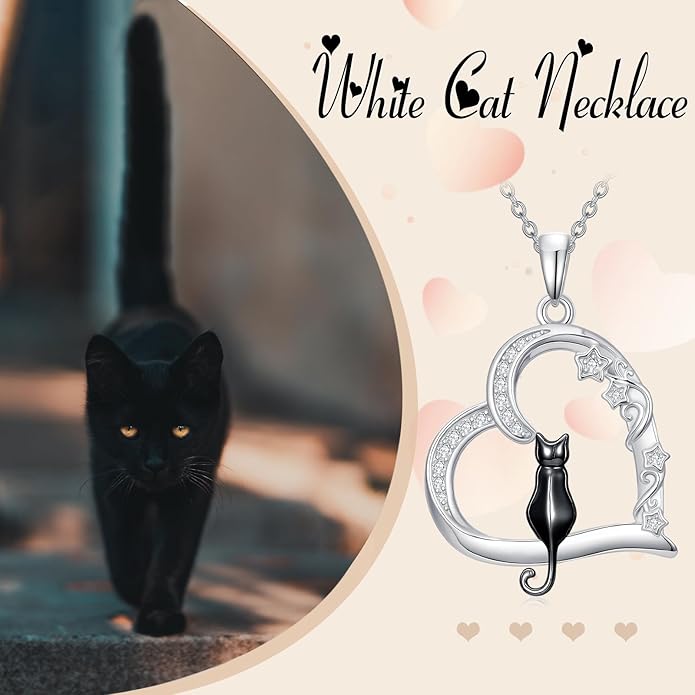 Cat Gifts for Women 925 Sterling Silver Heart Moon Cat Necklace Pendant Women Jewelry Halloween Christmas Gifts