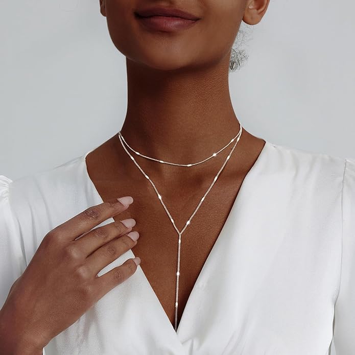 Luxval Lariat Gold Necklace for Women, Dainty Long Necklace 14k Gold Plated/Silver Y-Shaped Pendant Necklaces Trendy Beaded Chain Drop Necklaces Jewelry for Women Gifts