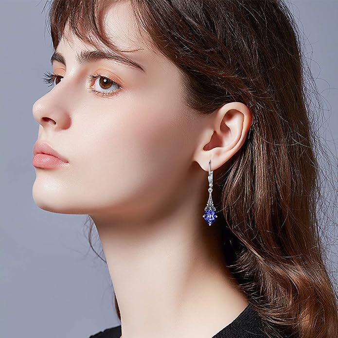 AOBOCO Vintage Earrings for Women Sterling Silver Retro Drop Dangle Leverback Earrings with 8x6mm Oval Genuine or Simulated Birthstone Crystal from Austria, Anniversary Jewelry Gifts for Her Women