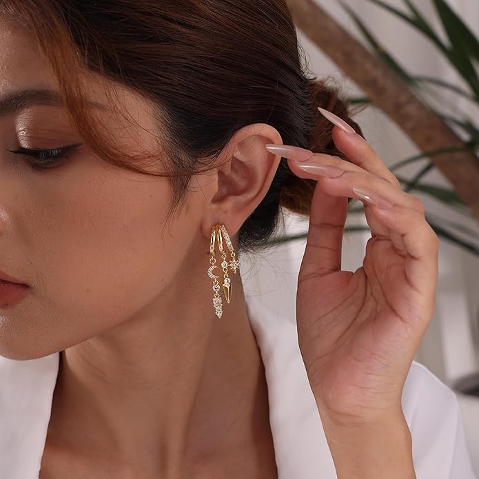 Dangle Earrings for Women,14k Gold Plated Triple Huggie Stud Earrings Dainty Drop Earrings for Women Trendy Gold Statement CZ Long Chain Earrings Non Tarnish Jewelry
