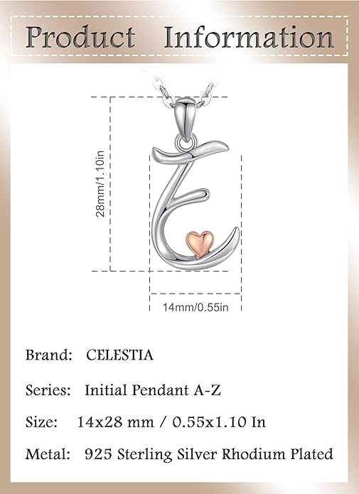 CELESTIA 925 Sterling Silver Initial Necklaces 26 Letter with Rose Gold Heart - 18 Inch Chain