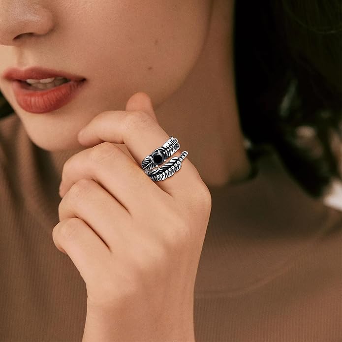 Sterling Silver Feather Ring with Black Onyx & Turquoise - Adjustable Stacking Vintage Statement Ring for Women & Men