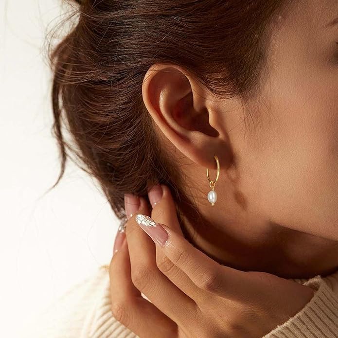 14K Gold Plated Pearl Dangle Earrings for Women, Small Pearl Drop Huggie Hoop Earrings, Hypoallergenic Dainty Gold Wedding Earrings Jewelry Gifts for Women Trendy