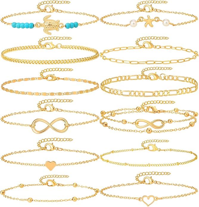 Starain 12Pcs Summer Beach Anklets for Women Waterproof Gold Silver Chain Ankle Bracelets Cute Women's Foot Anklet Set 7.9-10.5 inch Adjustable