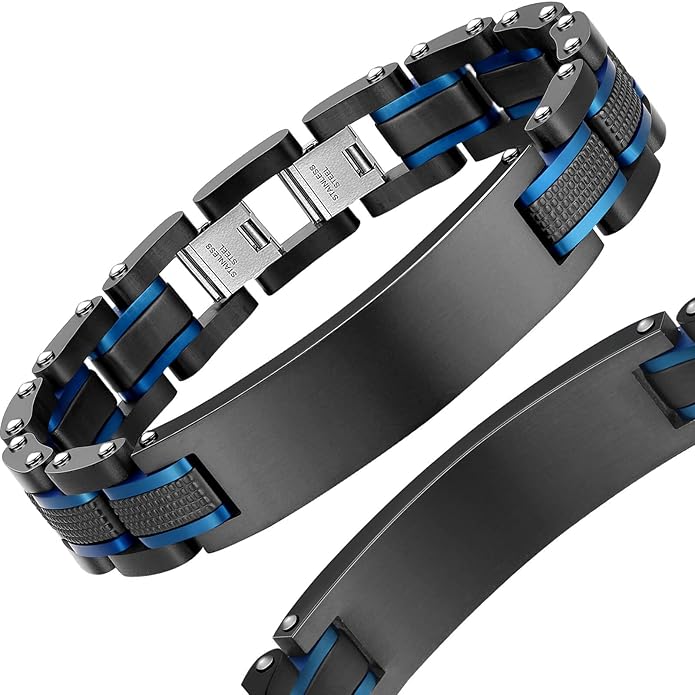 Men's Stainless Steel Two-Tone Square Link diamond Bracelet in Black & Blue Ion-Plated Black