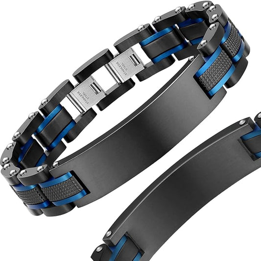 Men's Stainless Steel Two-Tone Square Link diamond Bracelet in Black & Blue Ion-Plated Black