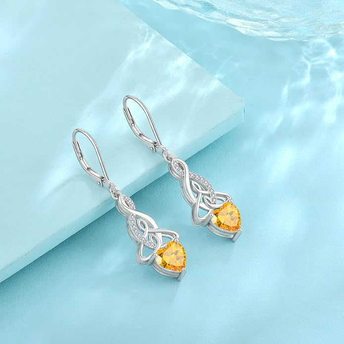 Infinity Celtic Knot Jewelry Set for Women 925 Sterling Silver Citrine Earrings and Necklace Set November Birthstone Jewelry Gifts for Her