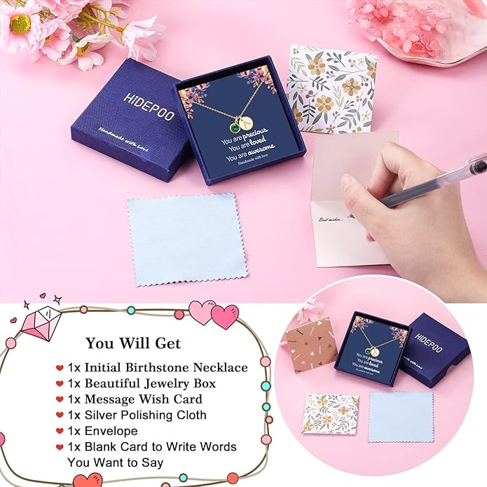 Hidepoo Initial Birthstone Necklace for Girl Women - 14K Gold Plated Disc Letter Necklace Personalized Gifts Jewelry Birthstone Initial Necklaces Birthday Gift for Female Teens Mom