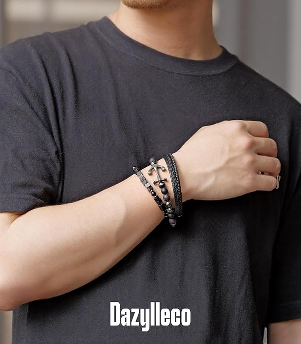 3pc Mens Beaded Bracelets Silver Stainless Steel Chain Bracelet for Men Handmade Braided Bracelet Sets Jewelry Gifts for Men