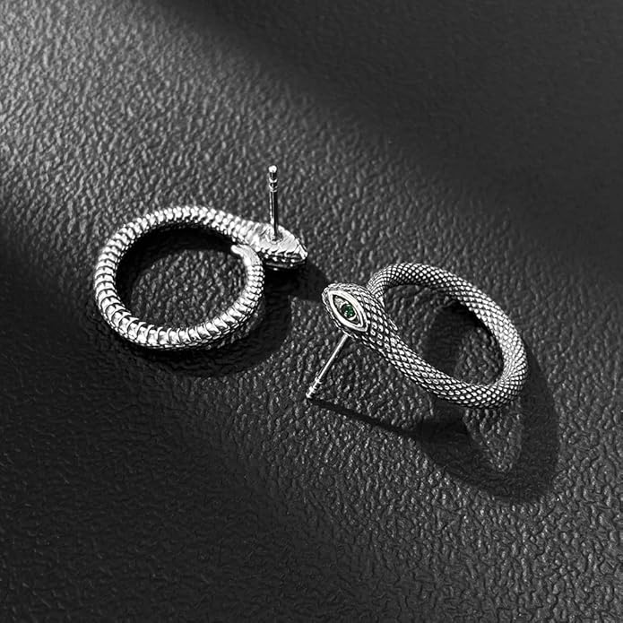 snake shaped personalized earrings with stainless steel pattern inlaid with emerald gemstones, showcasing unique charm for daily parties