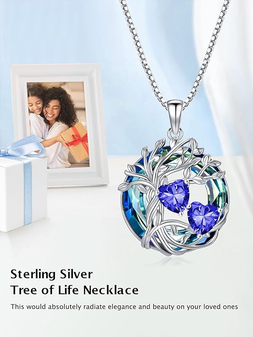 TOUPOP s925 Sterling Silver Family Celtic Tree of Life Pendant Necklaces with 2 Heart Birthstone with Blue Austrian Crystal Jewelry Birthday Anniversary Christmas Gifts for Her Wife Girlfriend Mom (18K Real White Gold Filled)