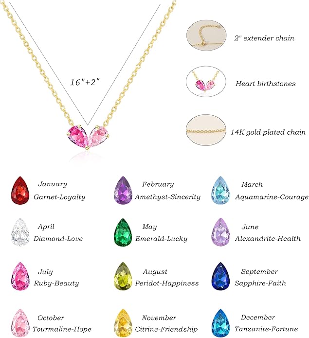 KOHOTA Gold Birthstone Necklace for Women Non Tarnish 14K Gold Plated CZ Heart Pendant Necklaces Dainty 2 Birthstones Emerald Green Charm Necklace for Mother and Daughter Birthday Jewelry Gifts