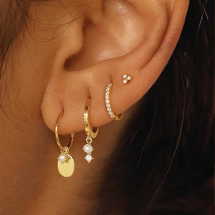 Gold Plated Earrings for Women, 14k Gold Plated Earring Stack Hypoallergenic Pearl Drop Earring Dainty Earrings for Women Trendy Cute Small Huggie Hoop Earring Fashion Womens Jewelry