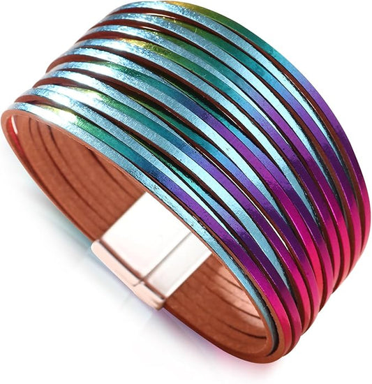 Fesciory Leather Wrap Bracelets for Women, Boho Leopard Multi-Layer Crystal Beads Cuff Bracelet Jewelry