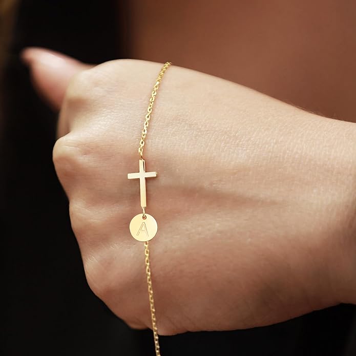 Sotcking Stuffers for Teens, Cross Bracelet for Women Dainty Cross Bracelet with Initials Link Chain Bracelets Christian Gifts for Women Teens Easter Baptism Religious Jewelry