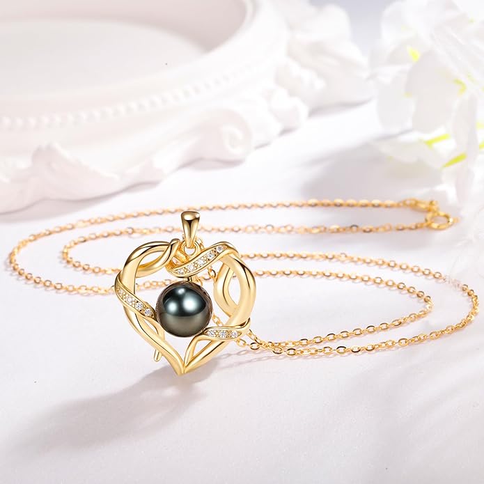 NONNYL Christmas Gifts for Women- Tahitian Black Pearl- Heart Necklace- Wife Mom Girlfriend Her- Anniversary Birthday- Mothers Day Valentine's Jewelry Gifts Real 9-10mm Pearl Pendant