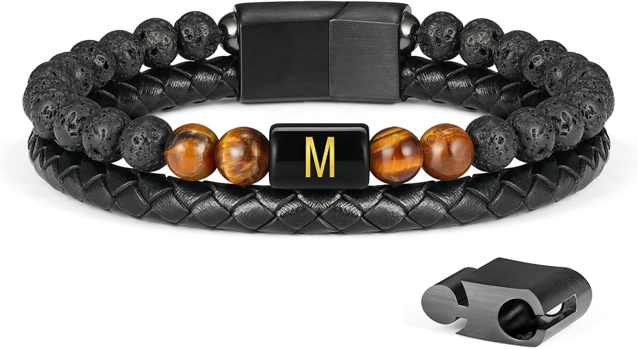 LUXEJEW Gifts for Men - Mens Bracelet, Beaded Leather Initial Bracelet 6mm Matte Agate Stone Handmade Bracelets Adjustable Stainless Steel Magnetic Clasp Mens Jewelry Gifts