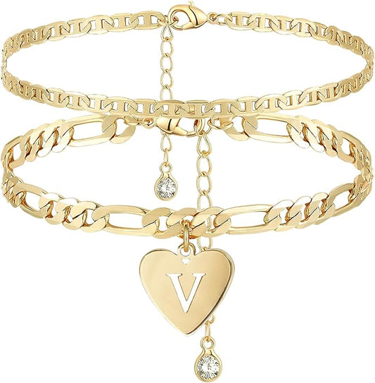 YANODA Initial Ankle Bracelets for Women, Layered Gold Anklets for Women 14k Real Gold Filled Figaro Letter Anklets for women waterproof Summer Jewelry Personalized Gifts for Women
