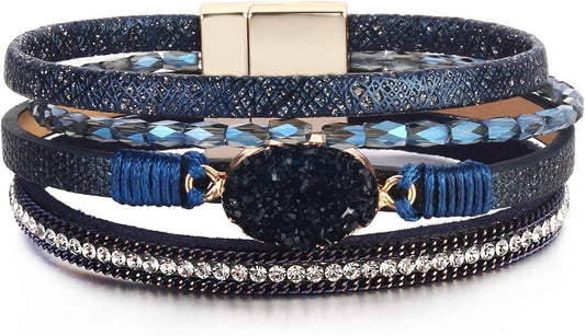 FANCY SHINY Leather Wrap Bracelet Boho Cuff Bangle Bracelets Crystal Bead Bracelet with Magnetic Clasp Jewelry Gifts for Women