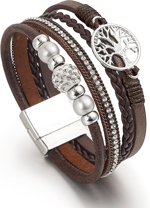 Edoneery Leather Wrap Bracelet for Women, Boho Handmade Multi-Layer Cuff with Crystal Beads Heart, Stackable Bangle Western Jewelry Gift