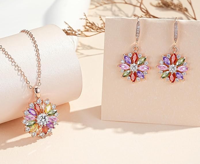 VONSSY Colorful Snowflake Pendant Necklace Earrings Rose Gold 5A Cubic Zirconia | Crystal Sweater Chain | Multi Gemstone Garnet Amethyst Morganite Peridot Prom Rhinestone Necklaces for Women Vintage Stylish Gift