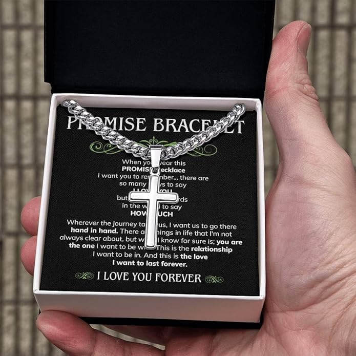 FLAGISTA Promise Cross Necklace for Him – Stainless Steel Cross Pendant with Cuban Link Chain, Meaningful Promise Gift for Husband, Boyfriend or Loved One.