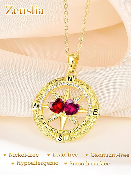 Zeuslia Double Birthstone Necklace Gifts for Wife - 925 Sterling Silver Sunflower/Rose/Crown Cross/Compass/Heart Pendant I Love You Necklace, Anniversary Birthday Gifts for Wife Girlfriend Mom Her
