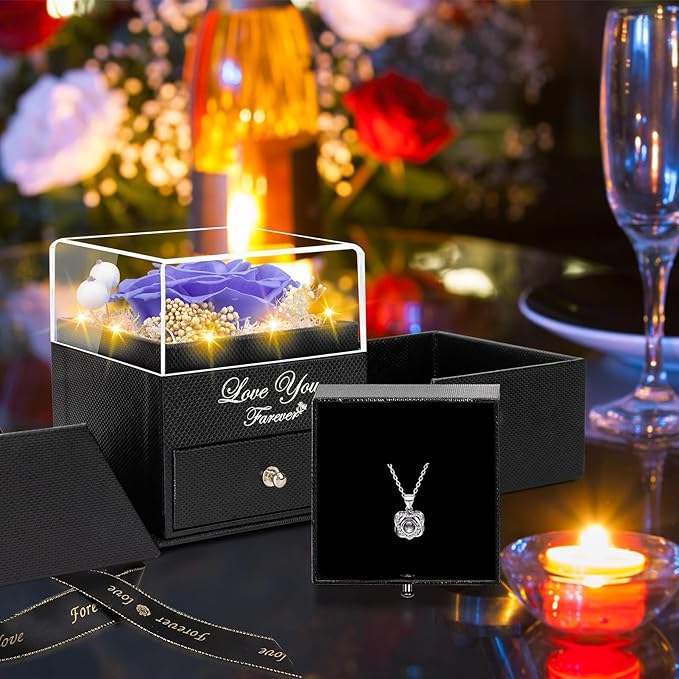 Preserved Violet Real Rose with Heart I Love You Necklace -Eternal Flowers Rose Birthday Gifts for Women Her Mom Wife Girlfriend Grandma on Valentines Mothers Day Christmas Anniversary Romantic-Violet