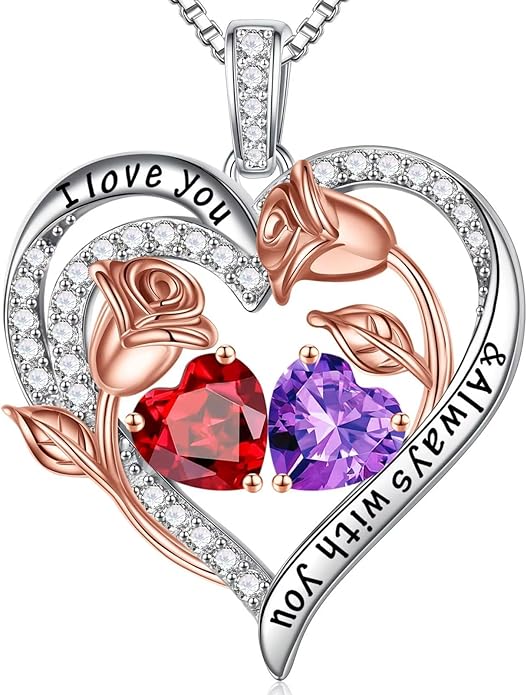 Iefil Birthstone Necklace for Women - 925 Sterling Silver Rose Heart Birthstone Necklace Birthday Anniversary Jewelry Gifts for Her Wife Mom Daughter