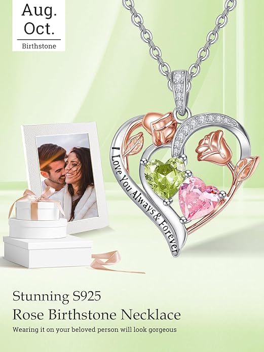 Zeuslia Double Birthstone Necklace Gifts for Wife - 925 Sterling Silver Sunflower/Rose/Crown Cross/Compass/Heart Pendant I Love You Necklace, Anniversary Birthday Gifts for Wife Girlfriend Mom Her