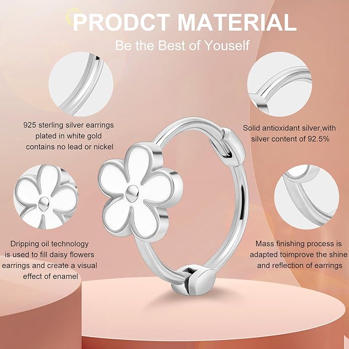 925 Sterling Silver Earrings for Women Dainty Dripping Oil Enamel Daisy Flowers Earrings Minimalist Style Jewelry Sensitive Earrings for Women Hypoallergenic Huggie Hoops